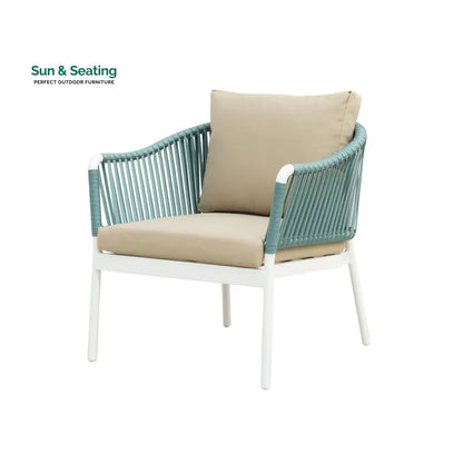 Furnixa Outdoor Garden Balcony Sofa Set 2 Seater 2 Single seater and 1 Center Table Set Braid & Rope (White + Blue)