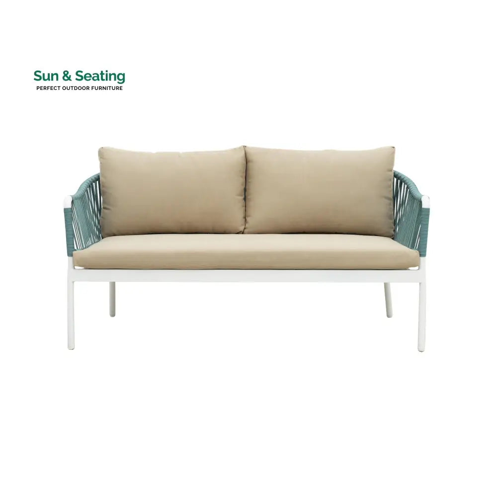 Furnixa Outdoor Garden Balcony Sofa Set 2 Seater 2 Single seater and 1 Center Table Set Braid & Rope (White + Blue)