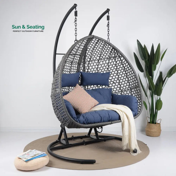 Gabal Double Seater Hanging Swing With Stand For Balcony Garden Swing (Grey) Blue Swings