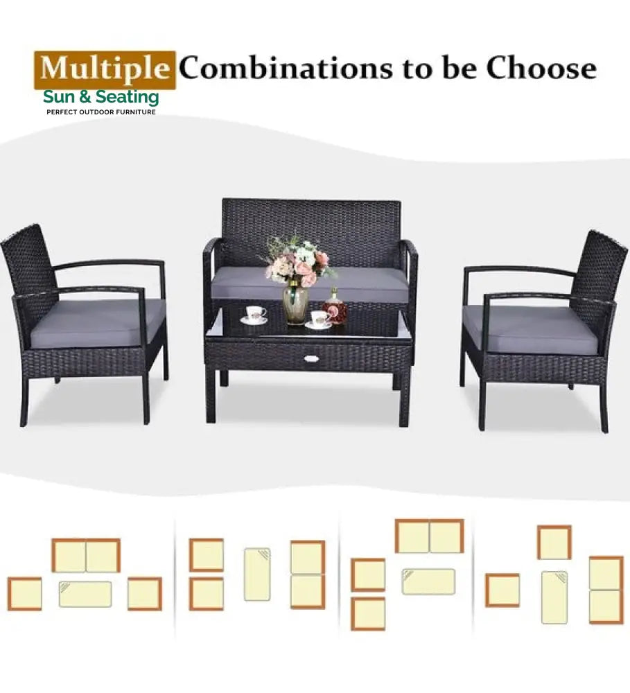 Gaetano Outdoor Sofa Set 2 Seater 2 Single seater and 1 Center Table (Black) Sofa Sets