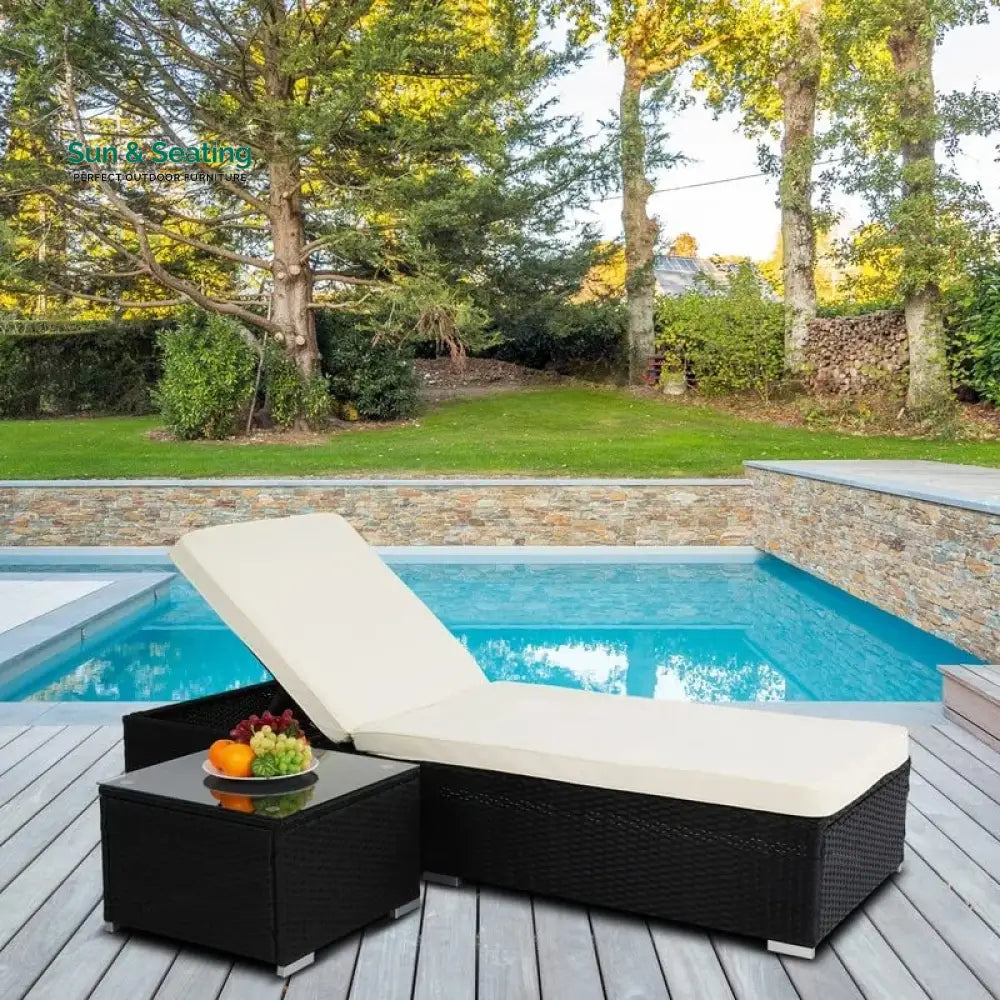 Gaston Outdoor Swimming Poolside Lounger With 1 Side Table (Black + White) Loungers
