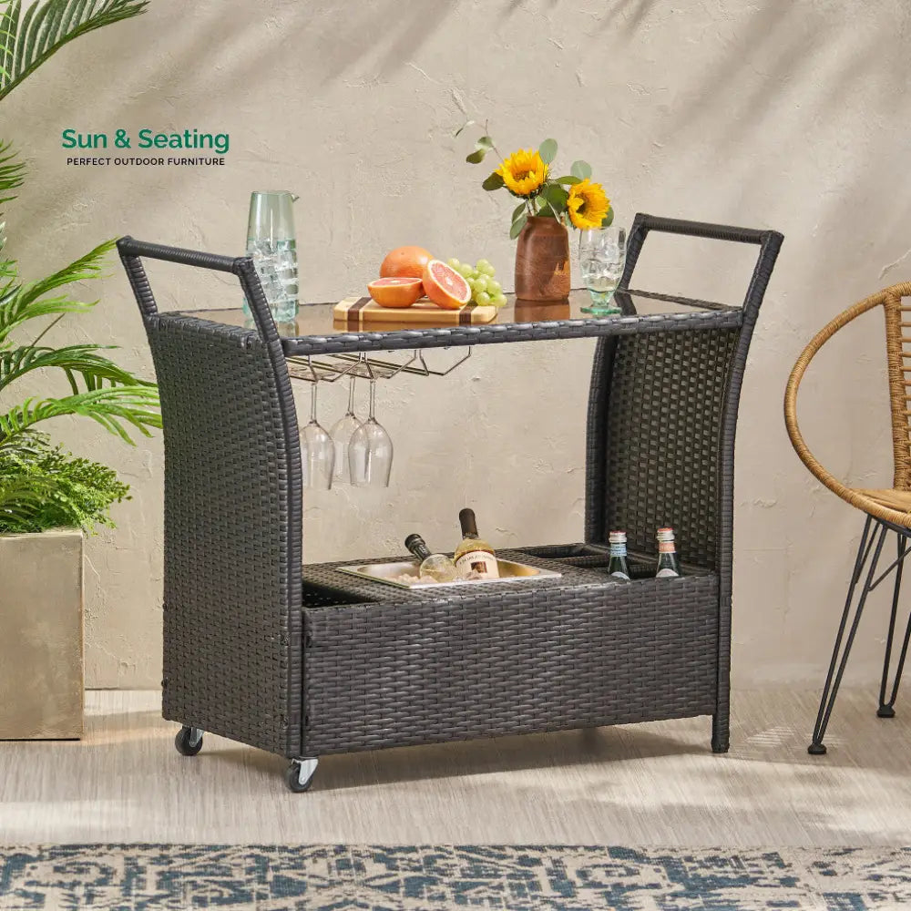 Gerrit Outdoor Patio Bar Serving Cart (Dark Brown) Wicker