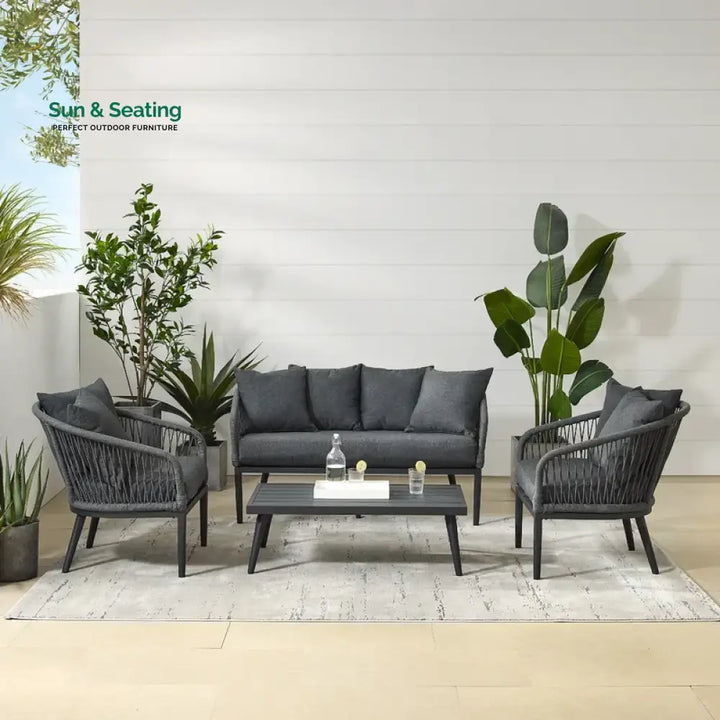 Gino Outdoor Sofa Set 2 Seater 2 Single seater and 1 Center Table (Dark Grey) Braided &amp; Rope Sofa Sets