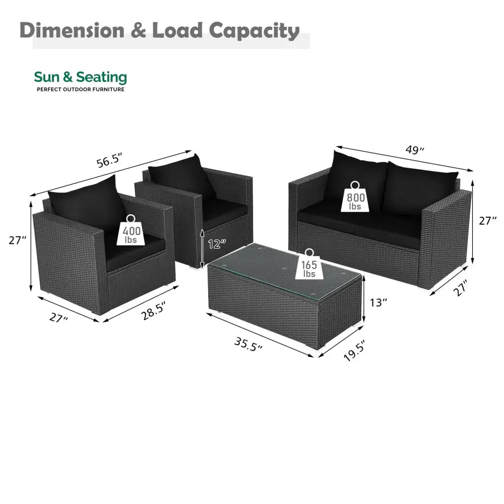 Gracia Outdoor Sofa Set 2 Seater 2 Single seater and 1 Center Table (Black) Sofa Sets