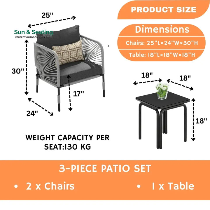 Graciela 3 Piece Garden Outdoor Rope Patio Set Patio Set
