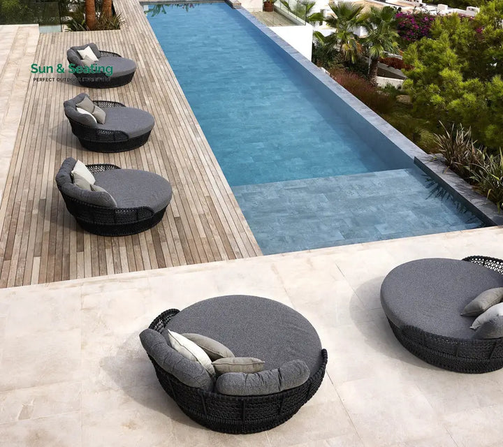 Greco Outdoor Poolside Sunbed With Cushion Daybed (Black) Braided &amp; Rope Sunbed
