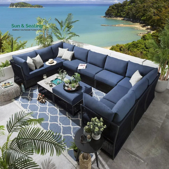 Griselda Outdoor Sofa Set 9 Seater 1 Ottoman and 1 Center Table Set (Blue) Braided &amp; Rope Sofa Sets