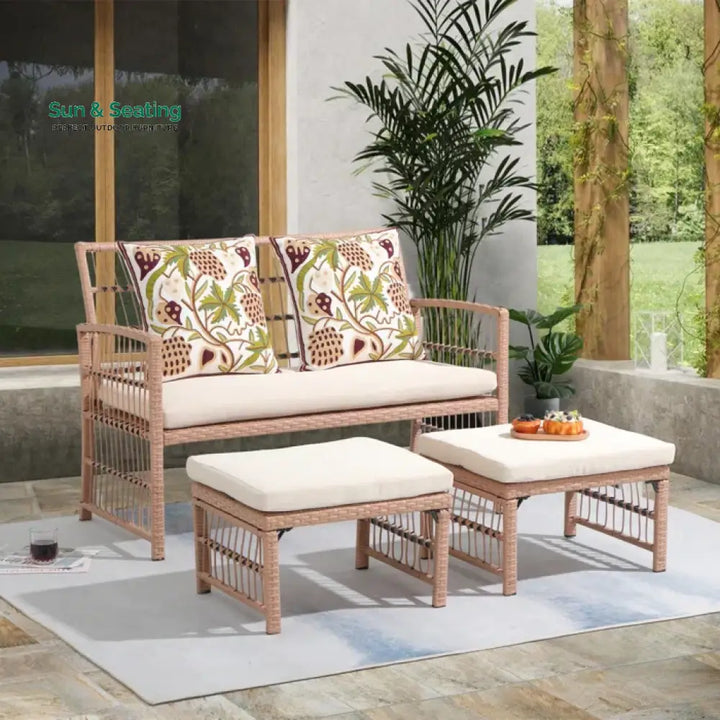 Grob Outdoor Patio Seating Set 2 Chairs and 2 Footrest Set (Light Brown) Coffee Table Sets