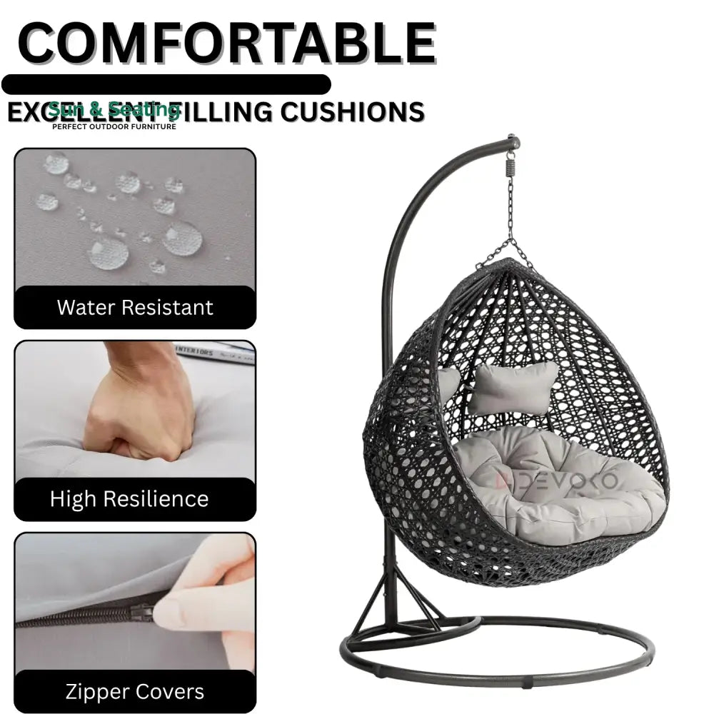 Hai Double Seater Rattan &amp; Wicker Swing (Black &amp; Grey) Swing