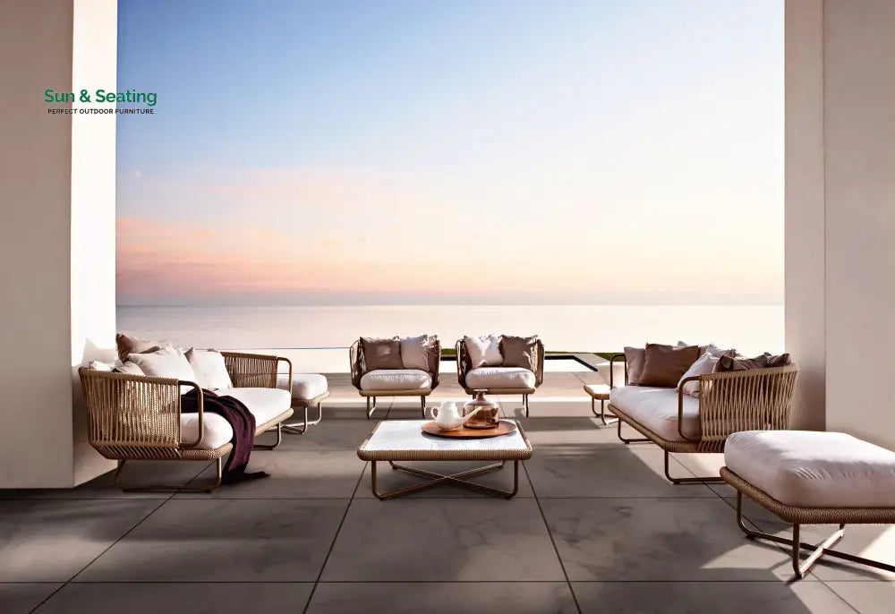 Hancy Outdoor Sofa Set 6 Seater 2 Ottoman and 1 Center Table + 1 side table Set (Tan + Beige) Braided &amp; Rope Sofa Sets