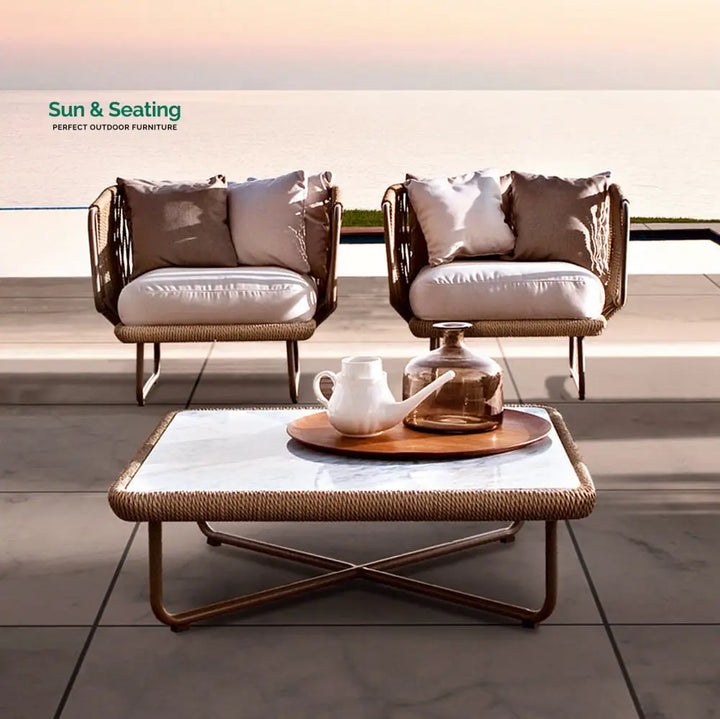 Hancy Outdoor Sofa Set 6 Seater 2 Ottoman and 1 Center Table + 1 side table Set (Tan + Beige) Braided &amp; Rope Sofa Sets