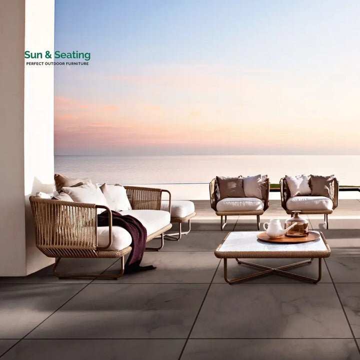 Hancy Outdoor Sofa Set 6 Seater 2 Ottoman and 1 Center Table + 1 side table Set (Tan + Beige) Braided &amp; Rope Sofa Sets