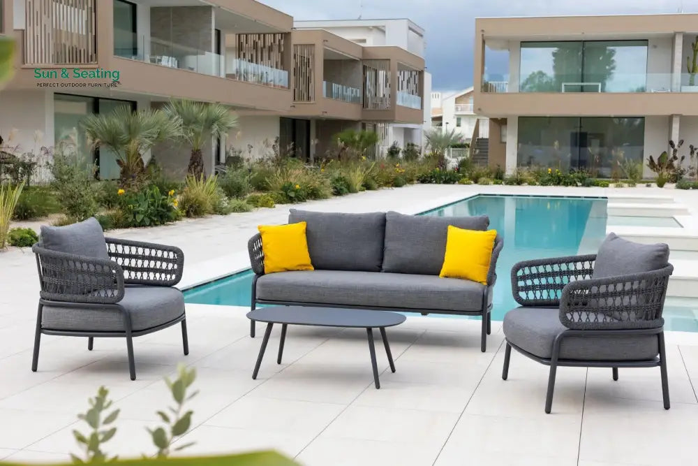 Hauwa Outdoor Garden Balcony Sofa Set 2 Seater 2 Single Seater 1 Center Table Set Braid &amp; Rope (Dark Grey) Sofa Sets
