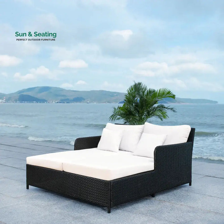 Heper Outdoor Poolside Sunbed With Cushion Daybed Black + White Sunbed