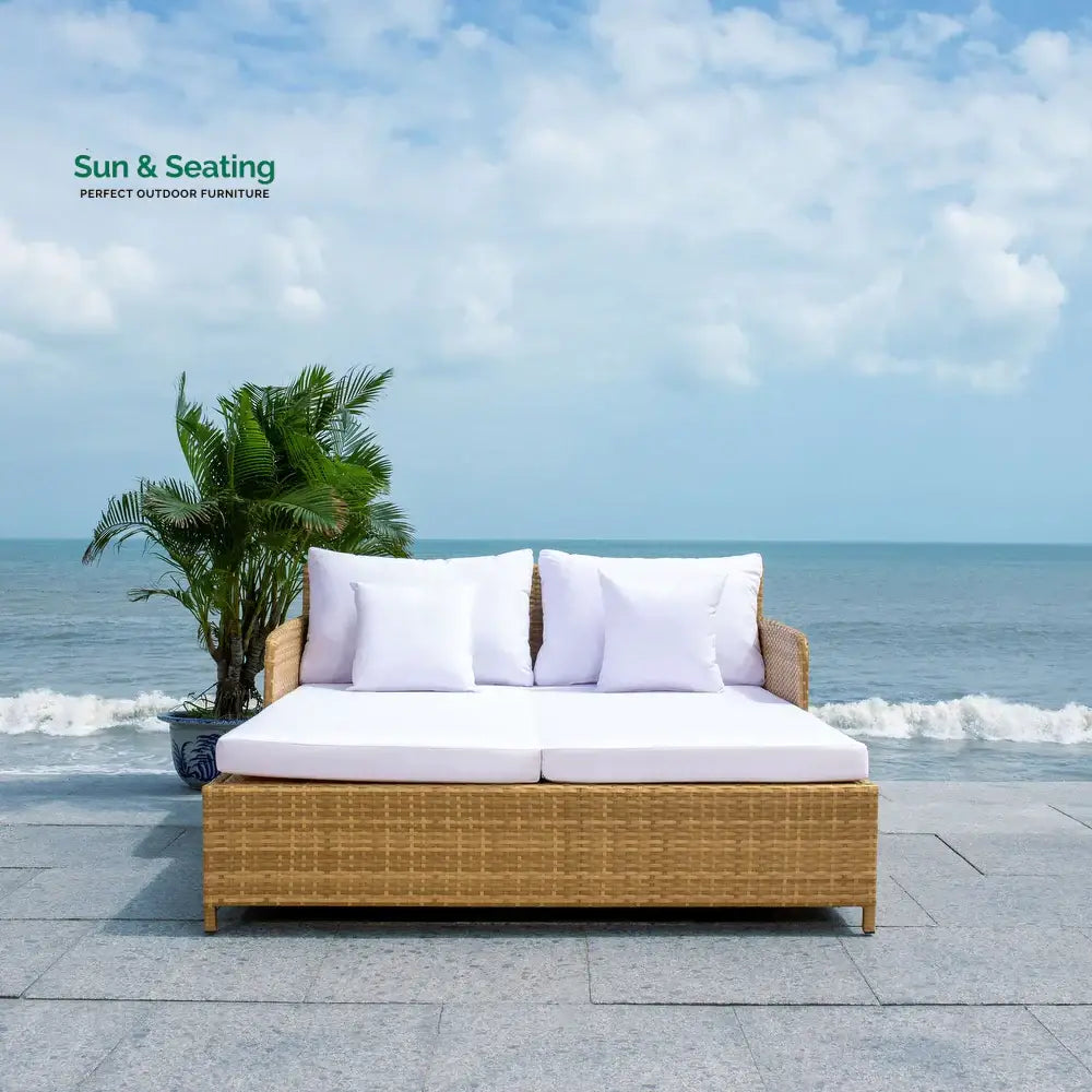 Heper Outdoor Poolside Sunbed With Cushion Daybed Light Brown + White Sunbed