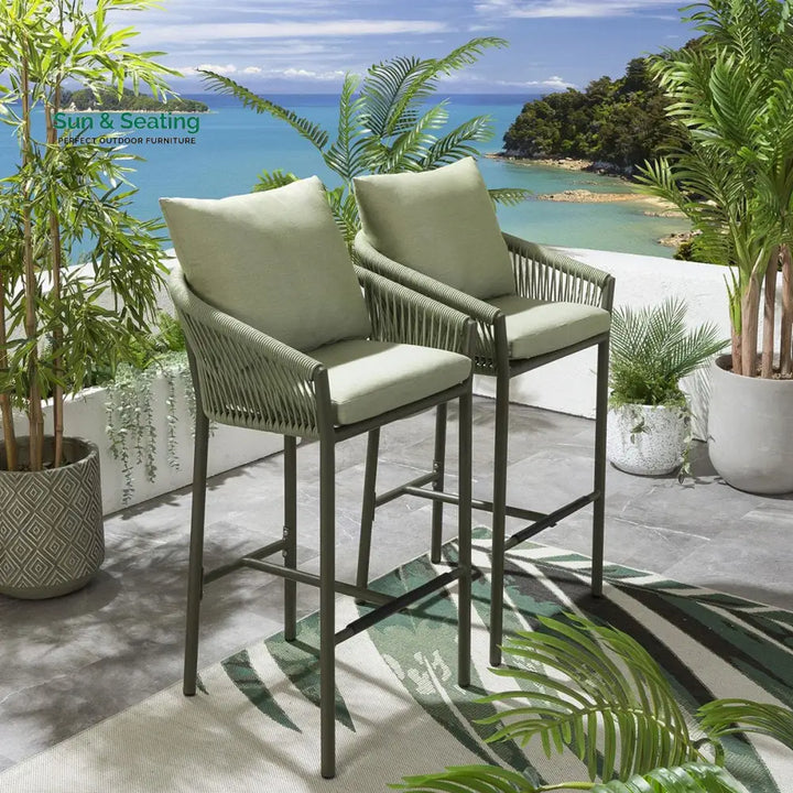 Herminia Outdoor Patio Bar Chair 2 Chairs For Balcony Braided &amp; Rope Green Bar Sets