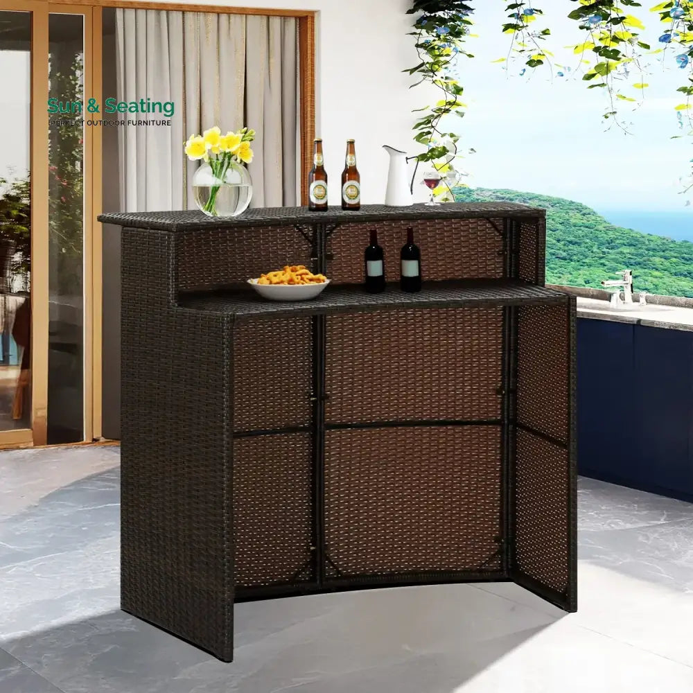 Herminia Outdoor Rattan Wicker Bar Table With a High-Top Design &amp; Integrated Storage Shelf Bar Table