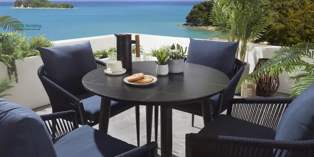 Hernando Outdoor Garden Patio Dining Set 4 Chairs and 1 Table Set (Blue + Black) Braided &amp; Rope Dining sets