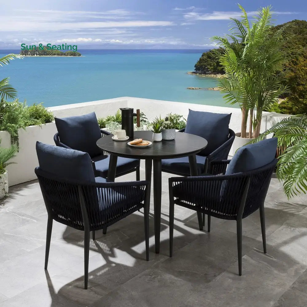 Hernando Outdoor Garden Patio Dining Set 4 Chairs and 1 Table Set (Blue + Black) Braided &amp; Rope Dining sets