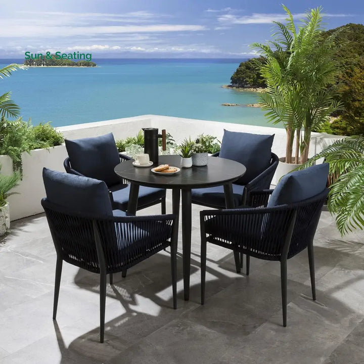 Hernando Outdoor Garden Patio Dining Set 4 Chairs and 1 Table Set (Blue + Black) Braided &amp; Rope Dining sets