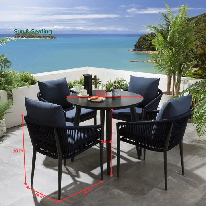 Hernando Outdoor Garden Patio Dining Set 4 Chairs and 1 Table Set (Blue + Black) Braided &amp; Rope Dining sets