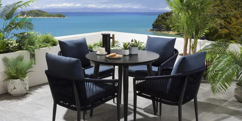 Hernando Outdoor Garden Patio Dining Set 4 Chairs and 1 Table Set (Blue + Black) Braided &amp; Rope Dining sets