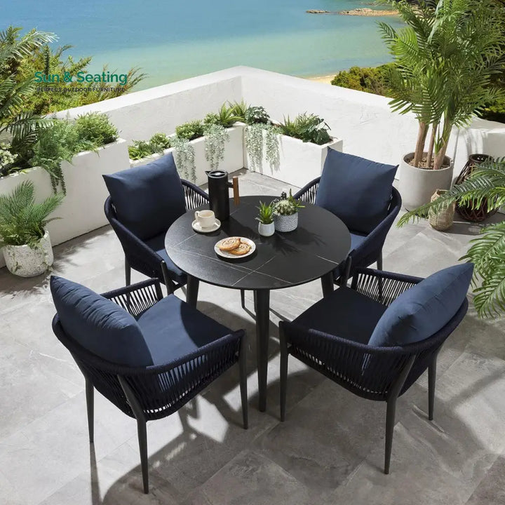 Hernando Outdoor Garden Patio Dining Set 4 Chairs and 1 Table Set (Blue + Black) Braided &amp; Rope Dining sets
