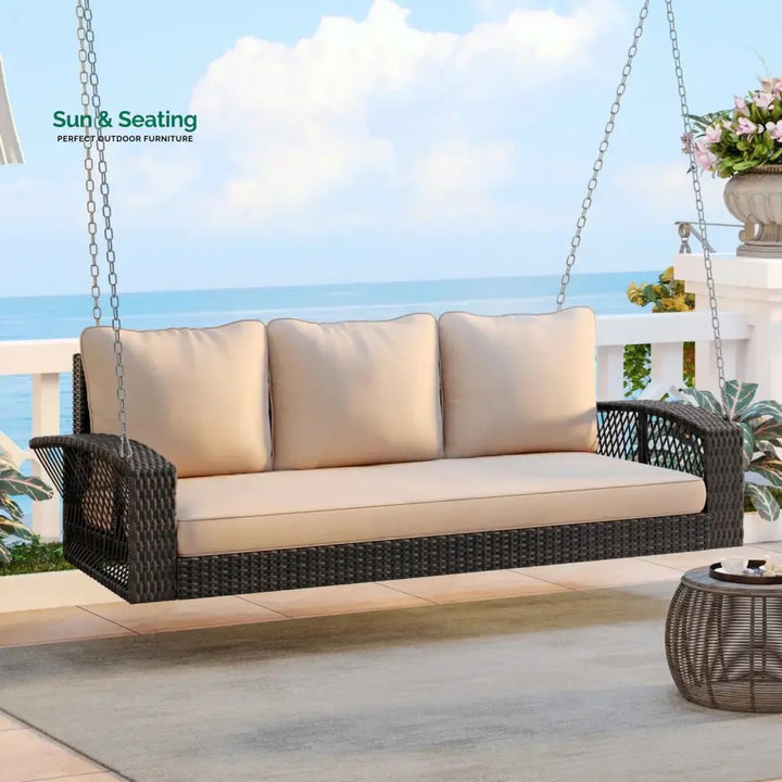 Hortense Outdoor Large HDPE Wicker 3-Person Porch Swing