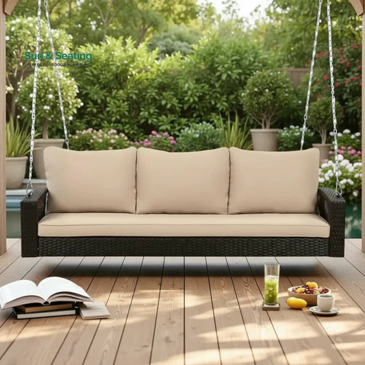 Hortense Outdoor Large HDPE Wicker 3-Person Porch Swing