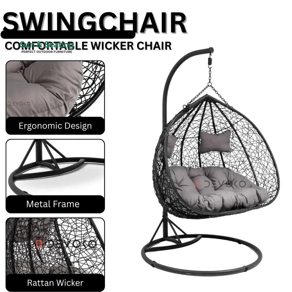 Hua Double Seater Rattan &amp; Wicker Swing (Black &amp; Grey) Swing