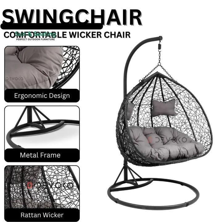 Hua Double Seater Rattan &amp; Wicker Swing (Black &amp; Grey) Swing