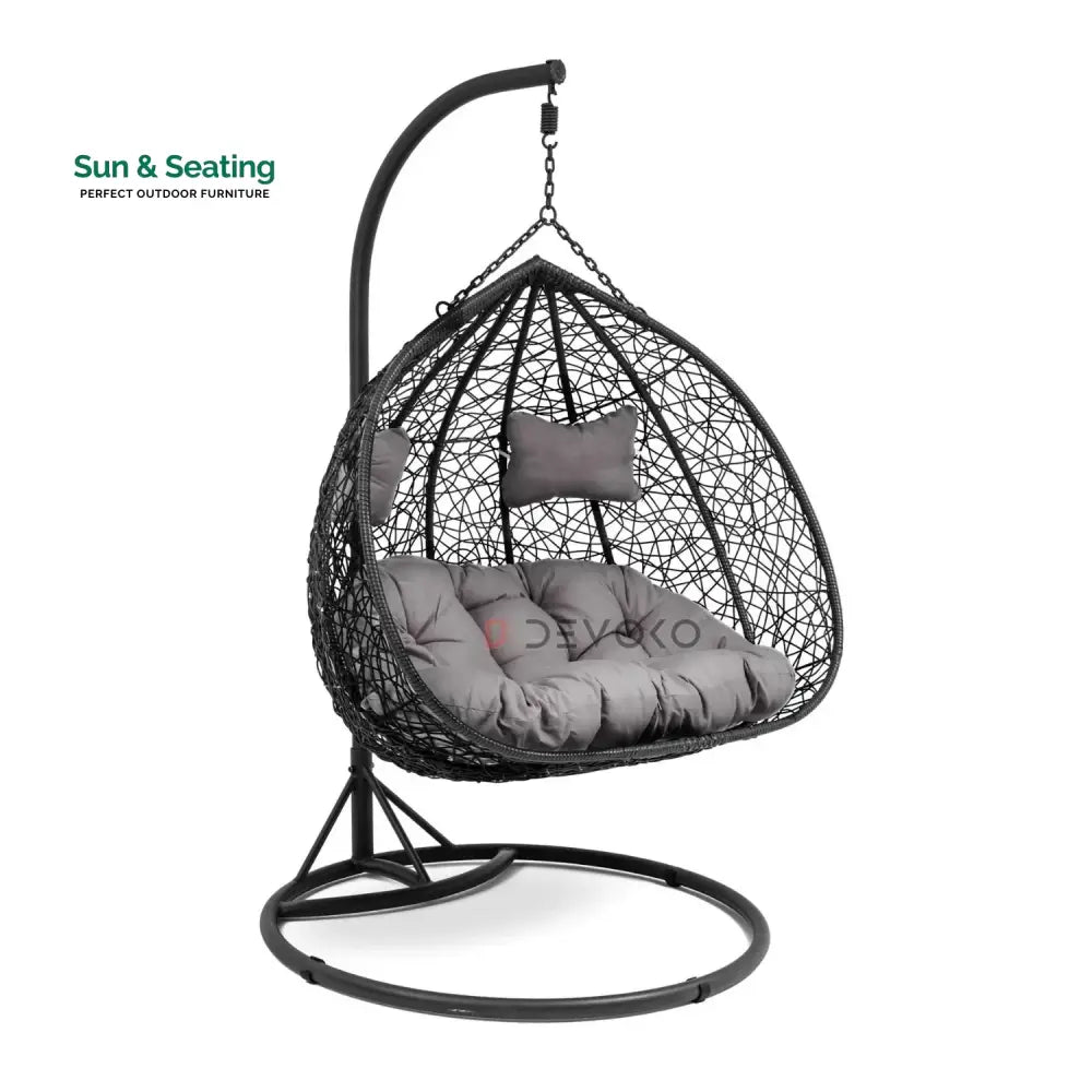 Hua Double Seater Rattan &amp; Wicker Swing (Black &amp; Grey) Swing