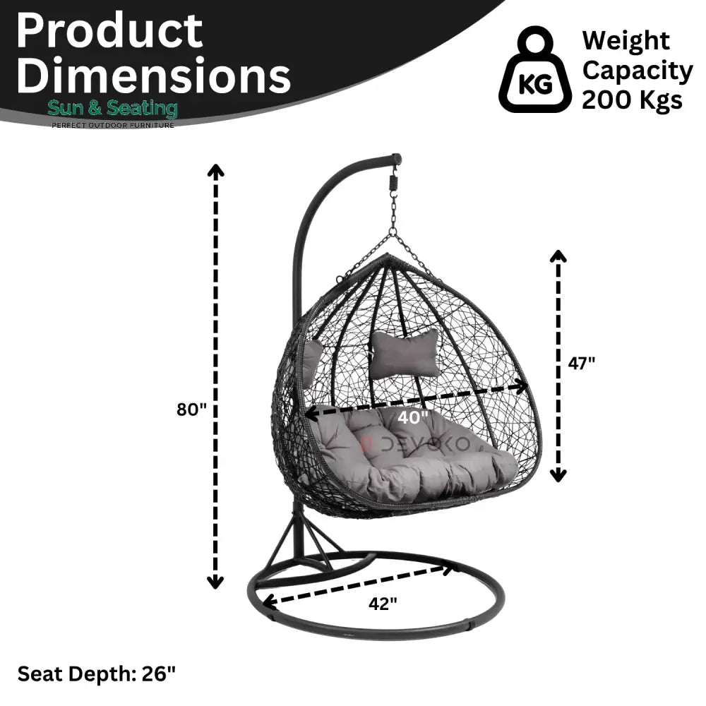 Hua Double Seater Rattan &amp; Wicker Swing (Black &amp; Grey) Swing