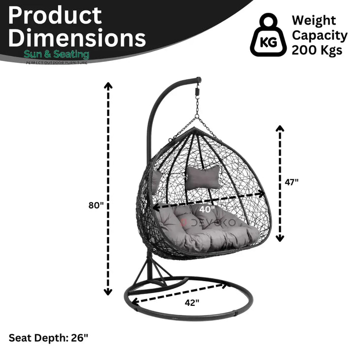 Hua Double Seater Rattan &amp; Wicker Swing (Black &amp; Grey) Swing