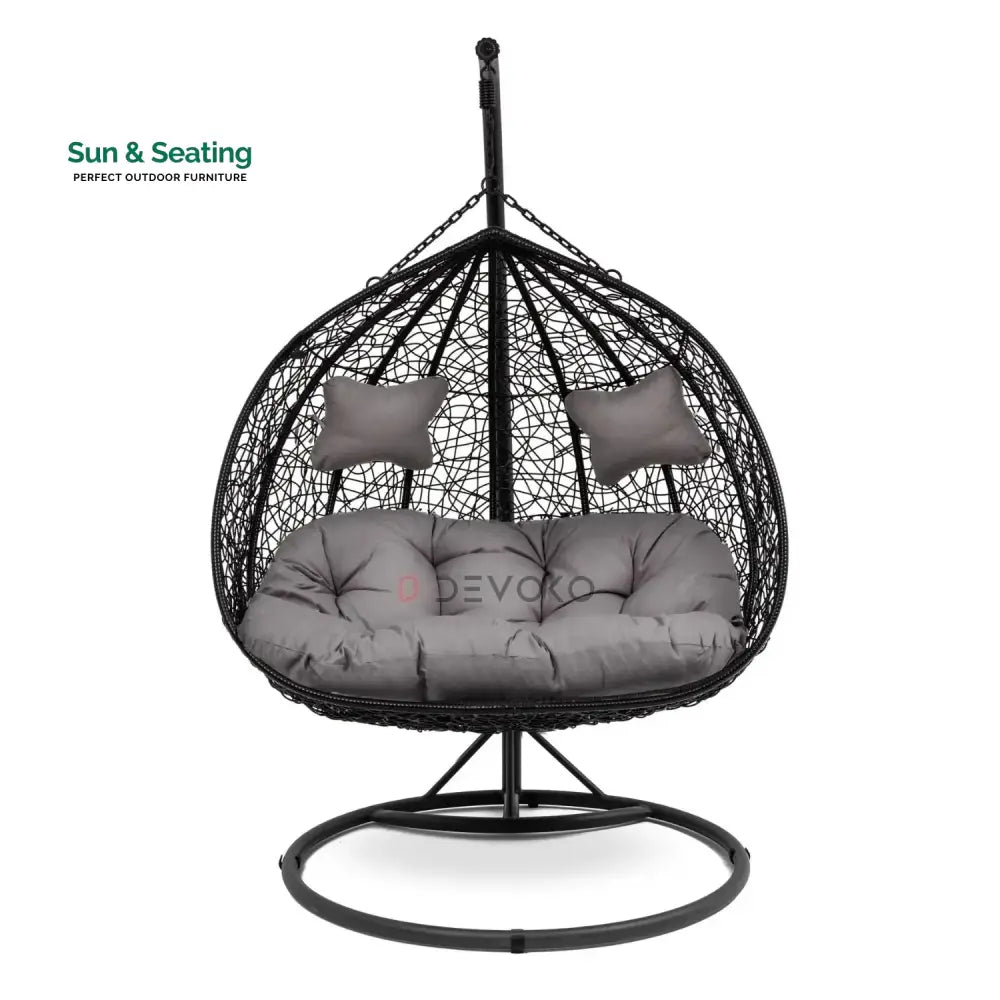 Hua Double Seater Rattan &amp; Wicker Swing (Black &amp; Grey) Swing
