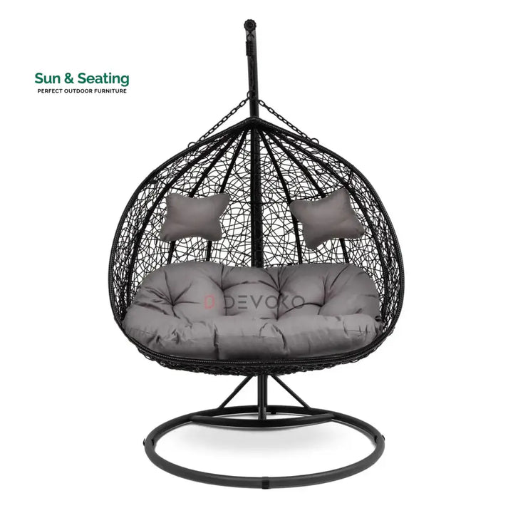 Hua Double Seater Rattan &amp; Wicker Swing (Black &amp; Grey) Swing