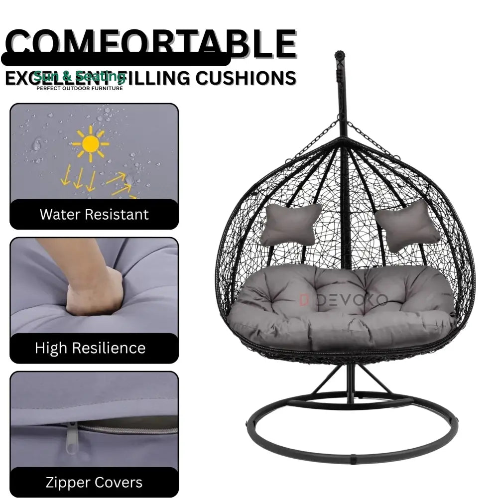 Hua Double Seater Rattan &amp; Wicker Swing (Black &amp; Grey) Swing