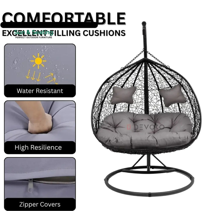 Hua Double Seater Rattan &amp; Wicker Swing (Black &amp; Grey) Swing