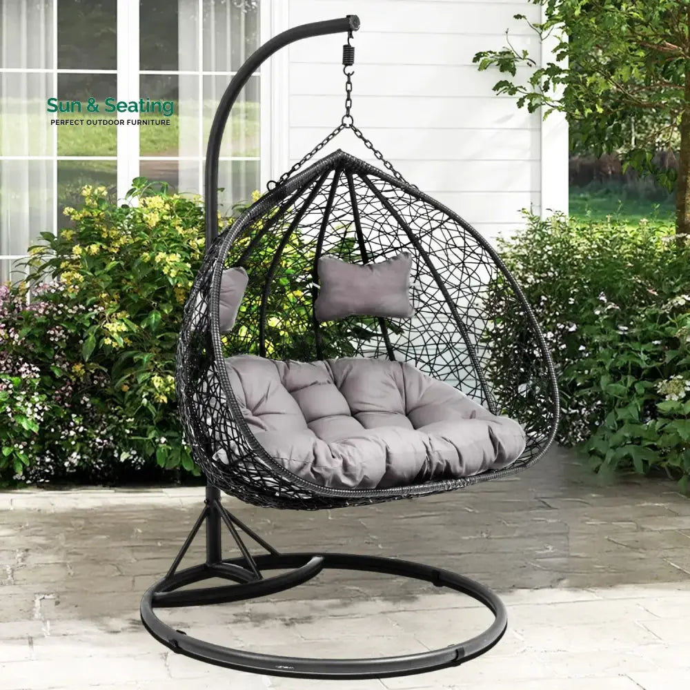 Hua Double Seater Rattan & Wicker Swing (Black & Grey) Swing