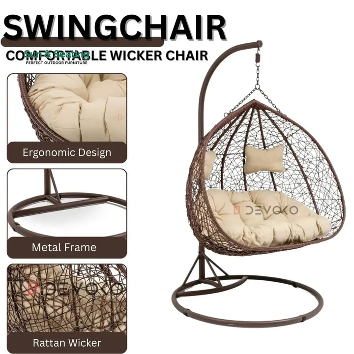 Hui Double Seater Rattan &amp; Wicker Swing (Brown &amp; Cream) Swing