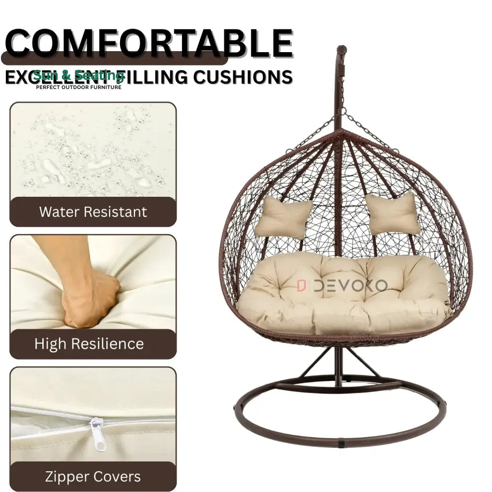 Hui Double Seater Rattan &amp; Wicker Swing (Brown &amp; Cream) Swing