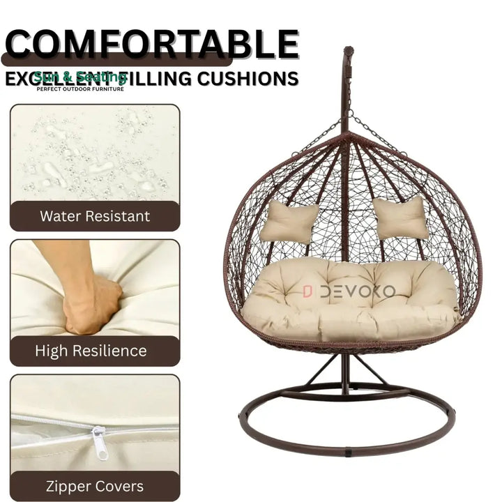 Hui Double Seater Rattan &amp; Wicker Swing (Brown &amp; Cream) Swing