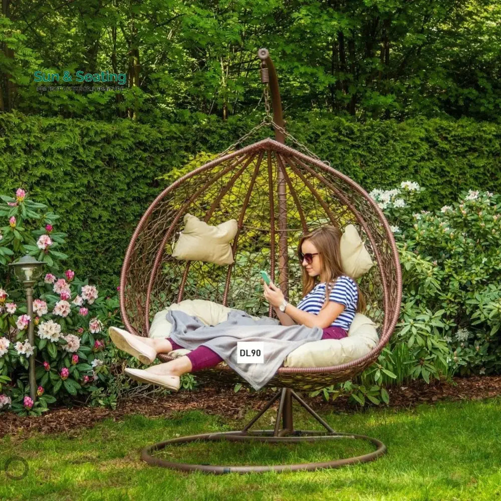 Hui Double Seater Rattan & Wicker Swing (Brown & Cream) Swing