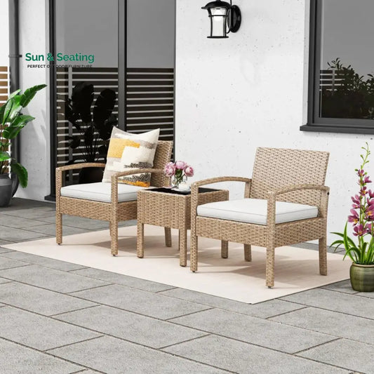 Ignacio Outdoor Patio Seating Set 2 Chairs and 1 Table Set Light Brown Coffee Table Sets