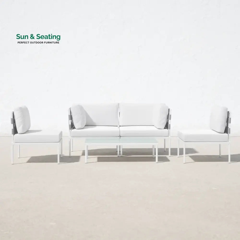 Ilin Outdoor Garden Balcony Sofa Set 2 Seater 2 Single seater and 1 Center Table Set Braid &amp; Rope White Sofa Sets