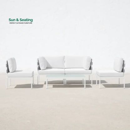 Ilin Outdoor Garden Balcony Sofa Set 2 Seater 2 Single seater and 1 Center Table Set Braid & Rope White Sofa Sets