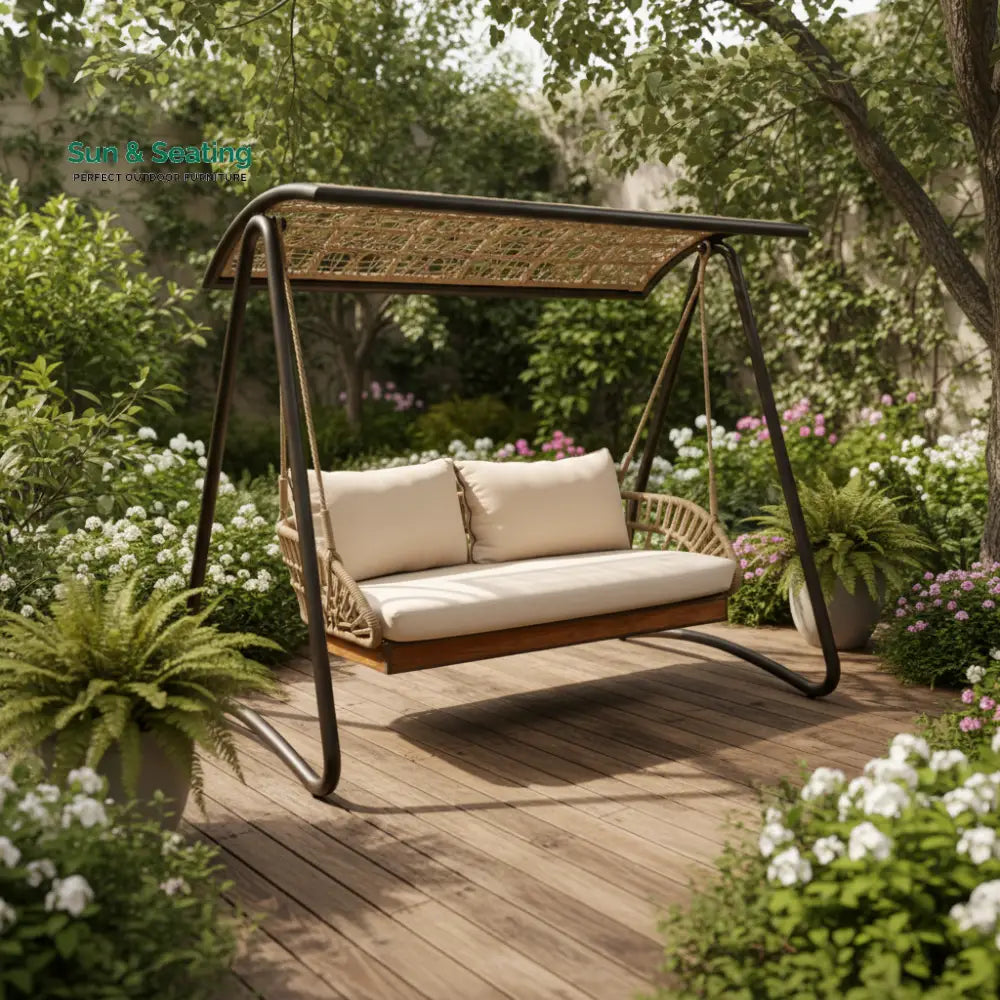 Iñes Double Seater Hanging Swing With Stand For Balcony Garden Swing (Honey) Braided &amp; Rope Swings