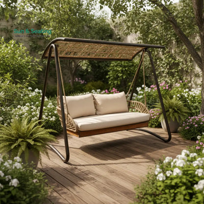 Iñes Double Seater Hanging Swing With Stand For Balcony Garden Swing (Honey) Braided & Rope Swings