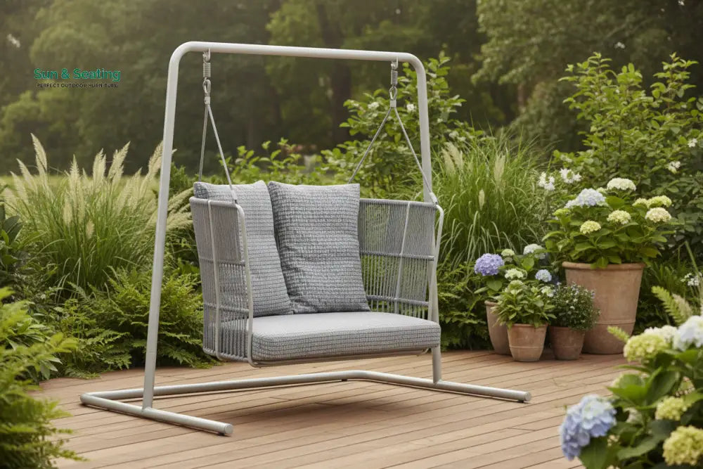 Inga Double Seater Hanging Swing With Stand For Balcony Garden Swing (Grey) Braided &amp; Rope Swings