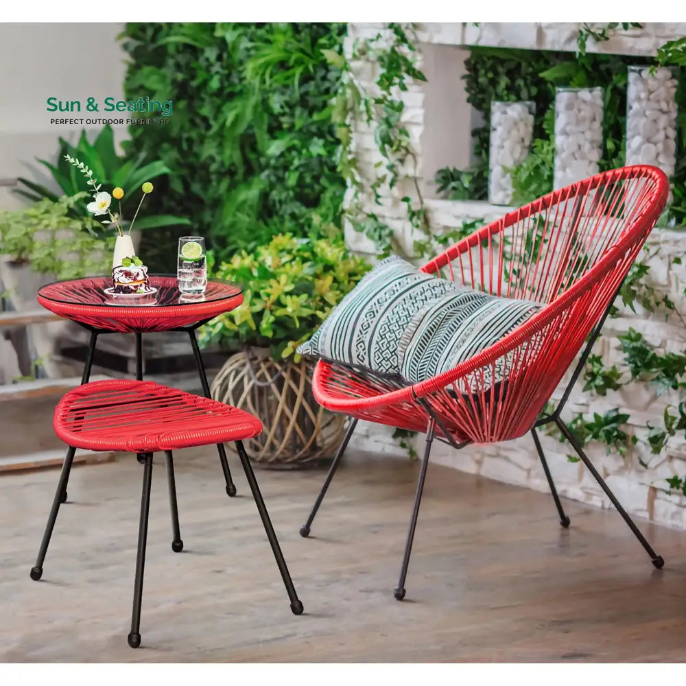 Intra Outdoor Patio Seating Set 2 Chairs 2 Ottoman and Table Set (Red) Coffee Table Sets